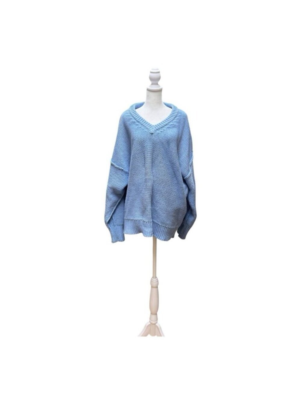 Free People Oversized Chunky Knit V-Neck Sweater Blue Large Cotton Blend